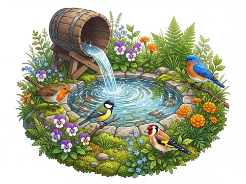 Beautiful colorful garden pond with birds and flowers illustration on white background