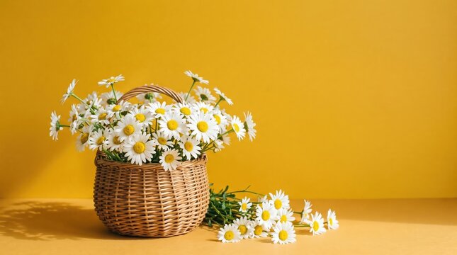 Woven wicker basket filled with fresh white daisy flowers with yellow centers sitting on a solid mustard yellow background with a few loose blossoms scattered on the surface