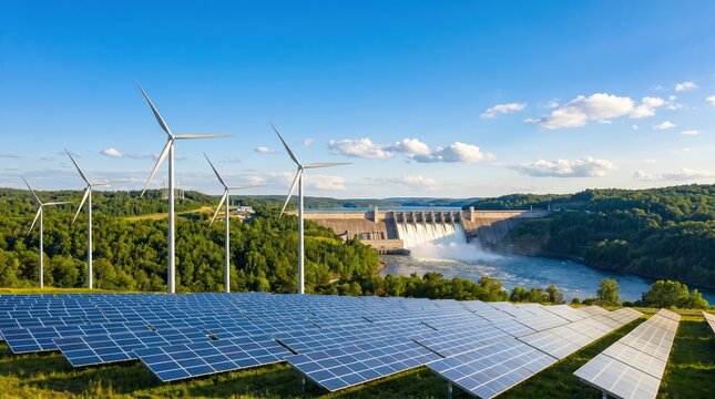 Wide panoramic view of a renewable energy site featuring solar panel arrays wind turbines and a large hydroelectric dam with water cascading into a river under a clear blue sky with scattered clouds