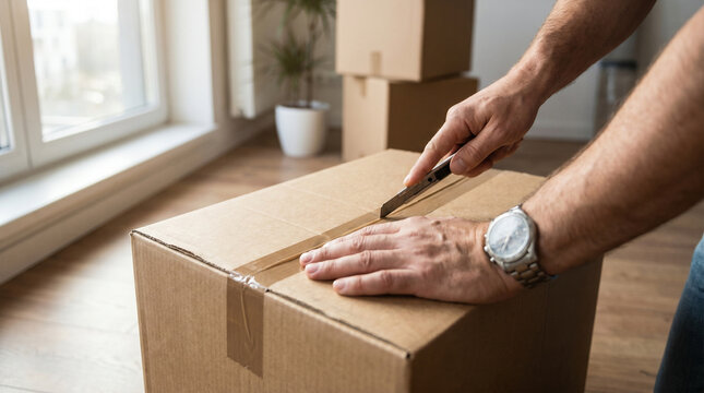 Man unpacking box with knife indoors in well-lit room  