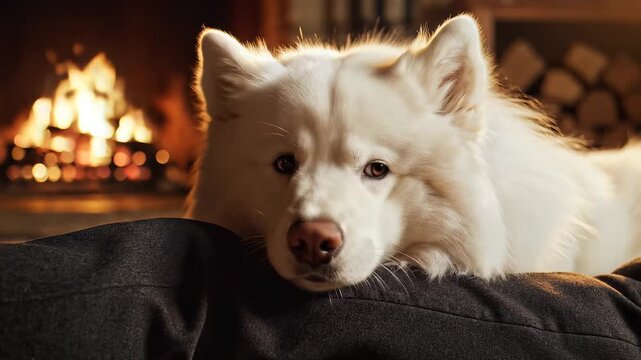 White Samoyed dog resting head on owner lap by warm burning fireplace indoors
