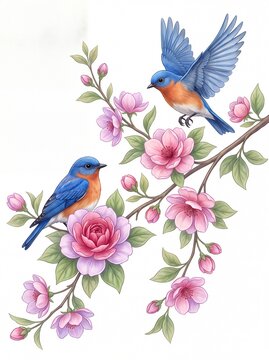 Beautiful colorful bluebirds with pink flowers illustration on white background
