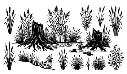 Wetland Landscape Illustration Featuring Tree Stumps, Marsh Grass and Natural Swamp Vegetation Silhouettes Collection © Ziten