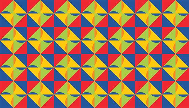 Abstract geometric seamless pattern with modular colorful triangles and curved accent shapes. Modern vibrant Bauhaus vector background in red, blue, yellow, and green for packaging and tile design.