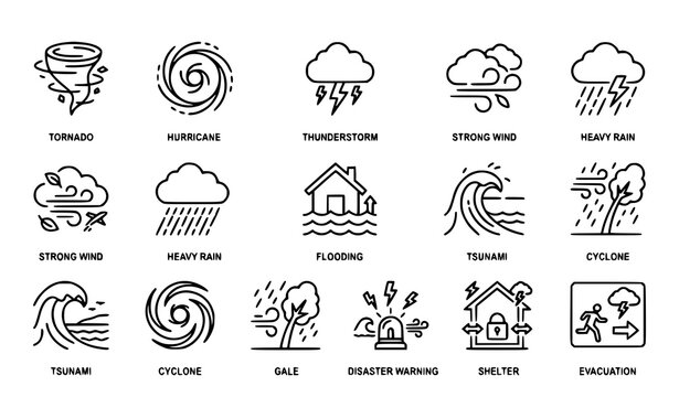 Weather and Natural Disaster Line Icon Collection Featuring Storm, Cyclone and Climate Warning Symbols