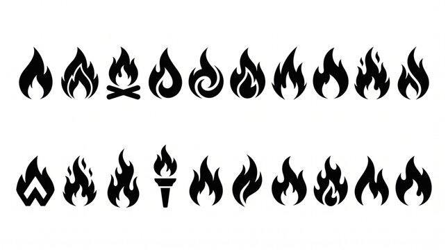 "Create a premium flat vector collection featuring 20 unique flame and fire icons arranged in a clean 2&times;10 grid on a transparent or white background. Each flame should have a distinct silhouette while