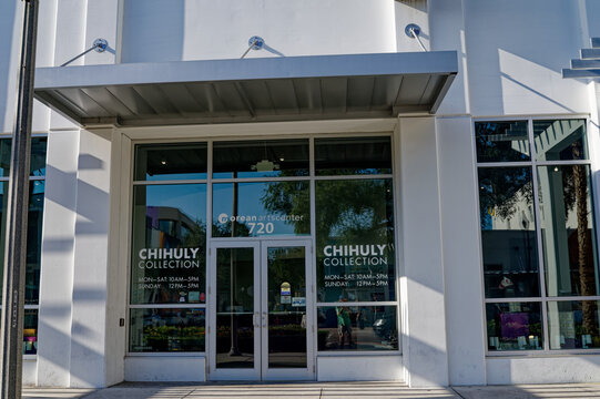 Glass-front entrance to the Chihuly Collection at the Morean Arts Center, featuring a modern museum facade.  Editorial Use Only July 23, 2026 St. Petersburg,FL USA with window reflections, street-leve