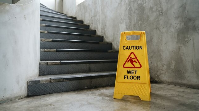 Bright yellow caution wet floor sign, a safety warning on concrete stairs. Hazard alert for slippery surfaces, essential for workplace safety and public areas.
