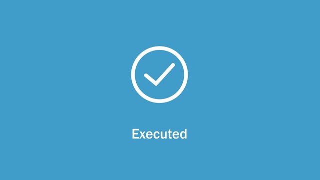 Minimalist motion animation featuring a white circular transforming into a checkmark symbol with the text label executed displayed on a solid blue background, for ui ux