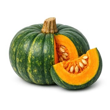 Whole green pumpkin with a slice showing vibrant orange flesh and seeds.