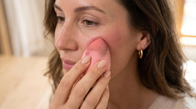 portrait of a young woman blending blush on cheek