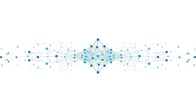 Symmetrical cluster of interconnected blue nodes and lines forming a central data network with connection abstract technology structure communication geometry information background