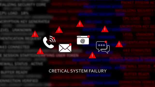 Critical system failure warning animation featuring digital alert and cyber security threat notification symbols over a blurred server data processing background, for network infrastructure concepts