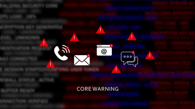 Cybersecurity core warning alert system featuring digital communication and critical system error notifications on a dark background, with scrolling server, data logs for, network protection concepts