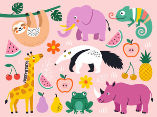 Fototapeta premium Cute Jungle Animal and Fruit Vector Set on Pink Background