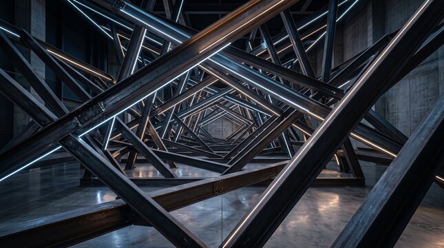 Abstract steel beam geometric structure. Industrial metal construction with neon lighting.