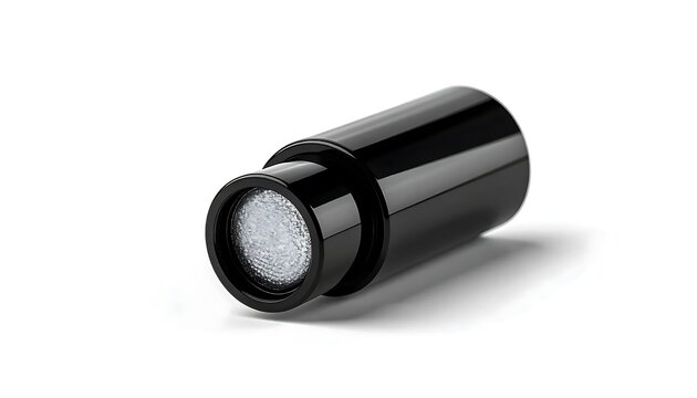 Black cylindrical object with reflective surface detail.
