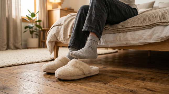 Casual man sitting on bed with cozy slippers and socks indoors  