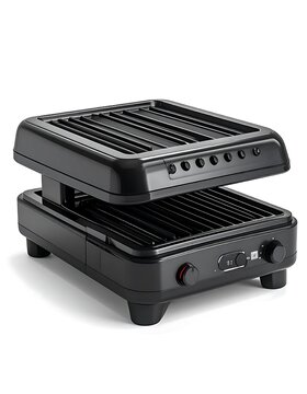 Black Electric Grill with Dual Cooking Surfaces.