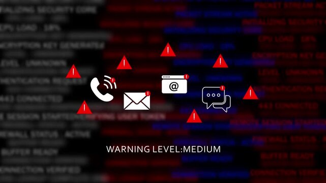 Cybersecurity alert system displaying medium warning level with digital communication and red error symbols over a blurred background, of scrolling server, code and network, data processing logs