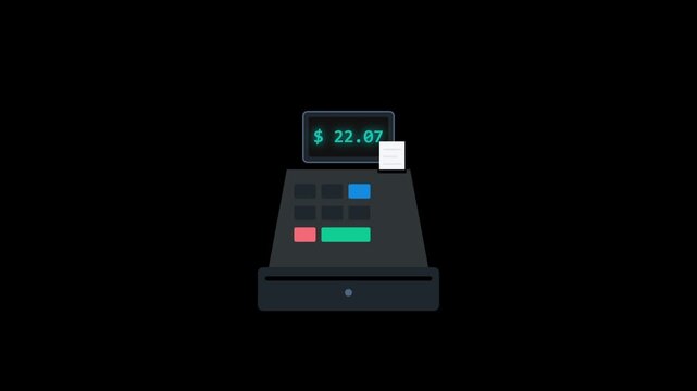 A digital retail cashier machine sits ready to process customer purchase payments while displaying a specific transaction total on the screen during a commercial exchange within a busy local