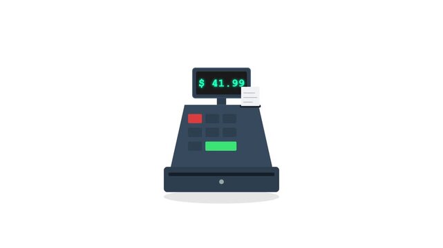 A commercial electronic register terminal processes customer transactions for retail store management while displaying the total monetary amount spent during a typical shopping journey within