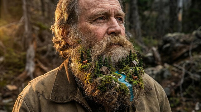 Portrait of man with beard made of forest nature.