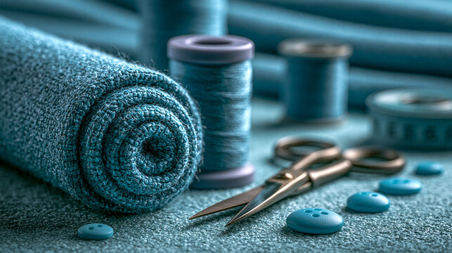 Tailoring supplies with blue fabric rolls thread spools buttons and vintage
