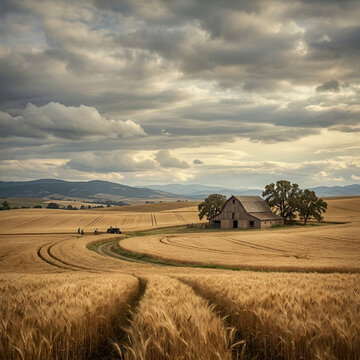 Golden wheat field with barn and tractors, rural landscape under cloudy sky.