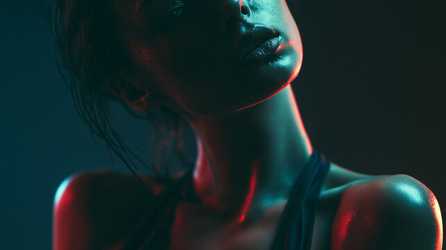 Close-up Portrait of Woman with Dramatic Neon Lighting