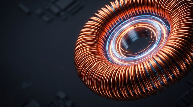 Copper induction coil shaped into a perfect toroid glows with an ethereal inner light, representing the efficient transfer of energy and electromagnetic forces within advanced electrical components.