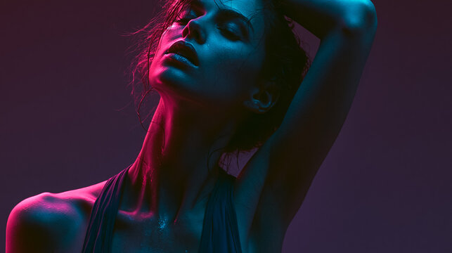 Beautiful woman portrait in dramatic pink and blue neon light