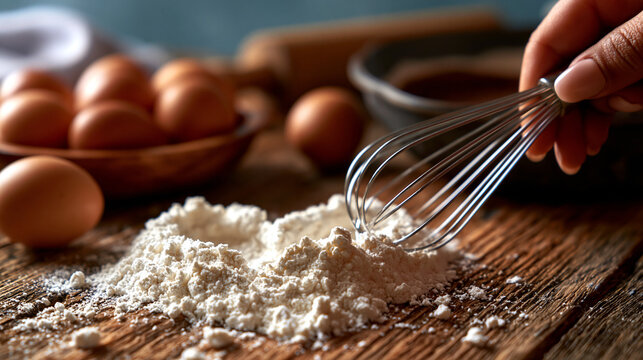 Chef hand using whisk to mix ingredients in flour for baking process