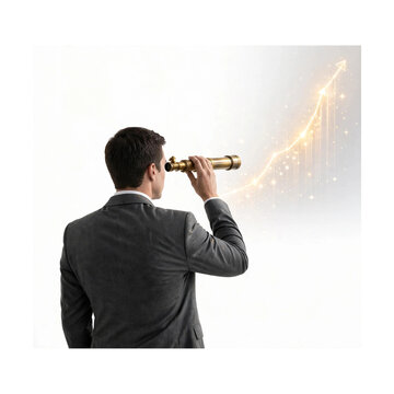 Businessman with telescope looking at glowing future growth chart for strategic planning long term vision