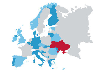 Fototapeta premium Geopolitical Map of Europe Highlighting Ukraine in Red with International Allies in Blue