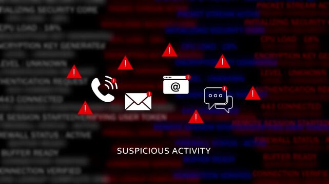 Cybersecurity alert concept featuring suspicious activity warning and digital data stream background, for network protection, online fraud prevention, and information technology, security analysis