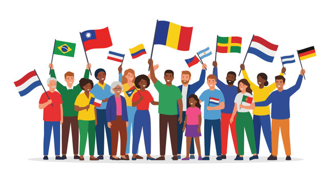 Diverse multicultural group of people waving international flags