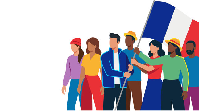 Diverse people holding french flag together in unity