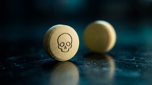 Dangerously addictive skull-stamped ecstasy pill, a potent drug with a death symbol. Illicit substance abuse, a serious public health crisis, and the dark side of drug culture.