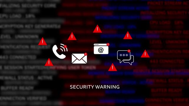 Cyber security warning alert featuring digital notification for email, phone, and messaging systems against a dark background, with scrolling system, logs and data, processing code 