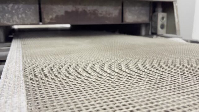 Industrial Conveyor Belt: An empty, grimy industrial conveyor belt rolls forward in a factory setting, hinting at ongoing production and the machinery of industry.