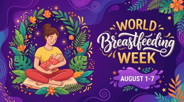World Breastfeeding Week August 1-7 colorful illustrated floral poster with mother