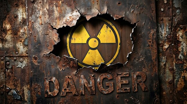 Grungy rusted metal texture with a radioactive symbol, a dangerous industrial background. Weathered brown and orange surface with a hole revealing a yellow radiation warning sign