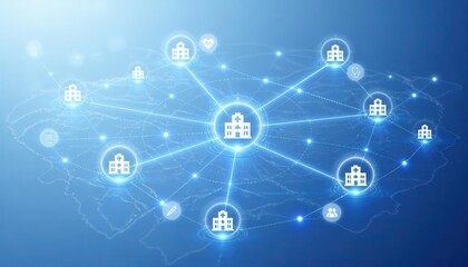 Fototapeta premium Digital network connection map with office building icons connection business communication technology infrastructure building connectivity internet corporate management solution structure