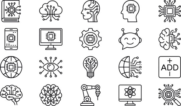 Set of artificial intelligence and technology outline icons with technology automation computing innovation learning processor connection hardware software abstract collection