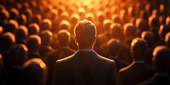 Visionary leader standing before a large crowd, back view of a businessman facing an audience, golden sunset lighting over a corporate assembly
