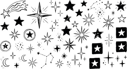 Doodle style star shapes and celestial night sky elements with hand drawn celestial astronomy constellation decorative illustration collection astrology universe ornament creative © tecna