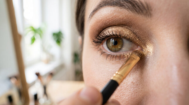 close up of a young woman applying inner corner eyeshadow