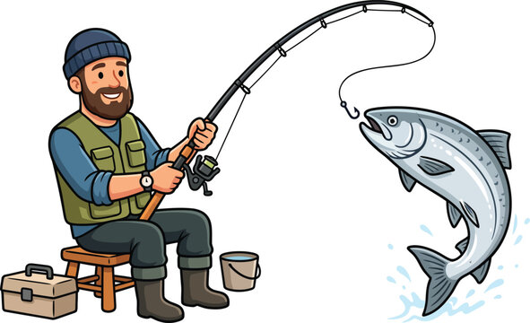 Smiling bearded fisherman catching a large fish on transparent background