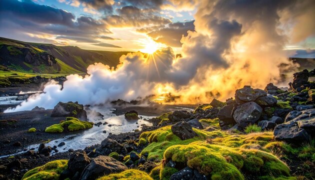 Dramatic Geothermal Steam Vent in Iceland Volcanic Landscape